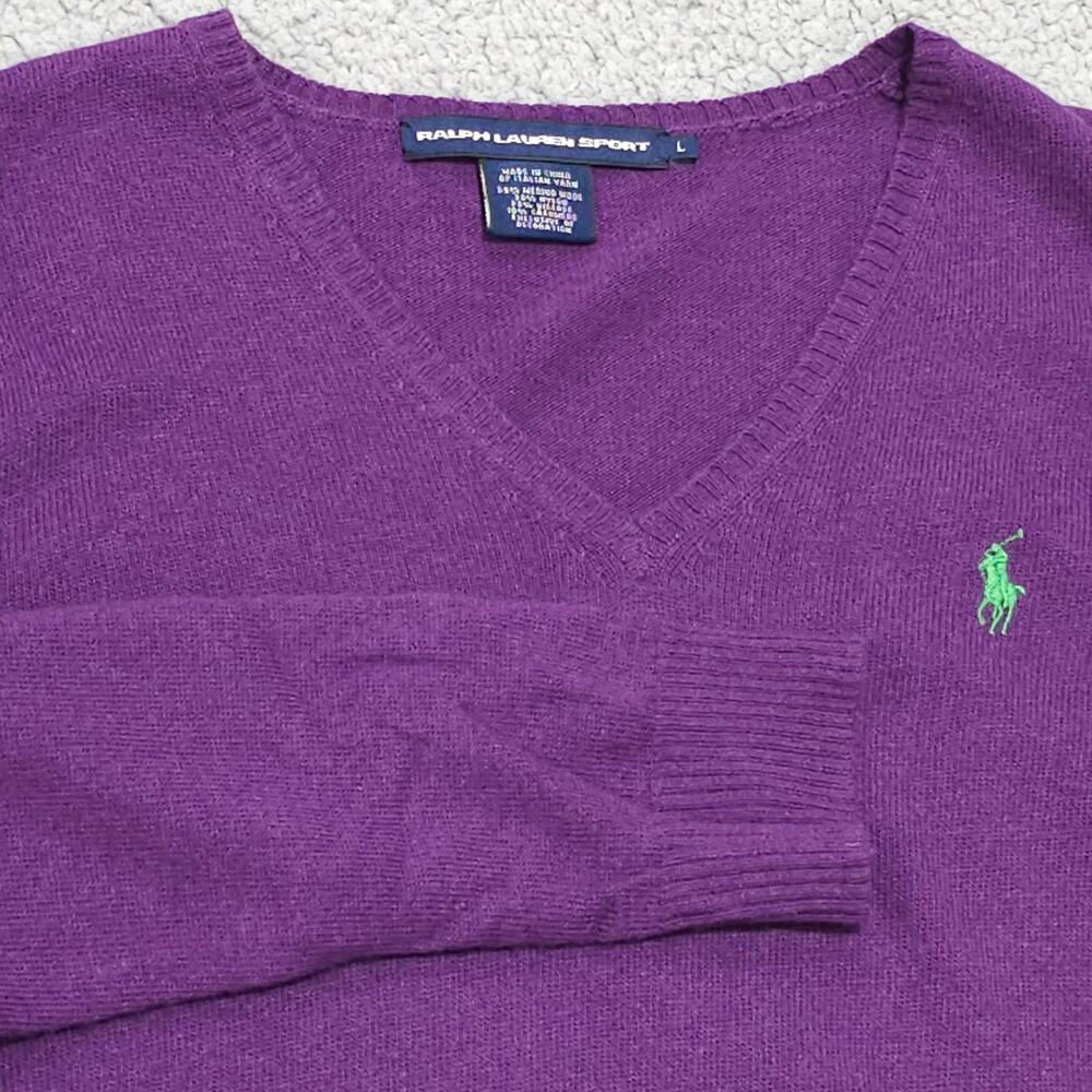Ralph Lauren Sport Purpble V-Neck Cashmere Merino Wool Blend Sweater Women’s LG